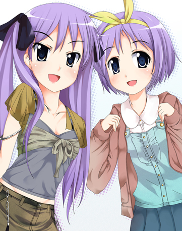 2girls, bangs, casual, female, fourthcape, hiiragi_kagami, hiiragi_tsukasa, looking_at_viewer
