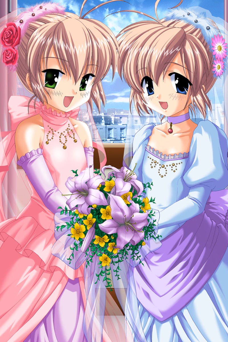 2girls, antenna_hair, bare_shoulders, blue_eyes, blush, bride, brown_hair, dress