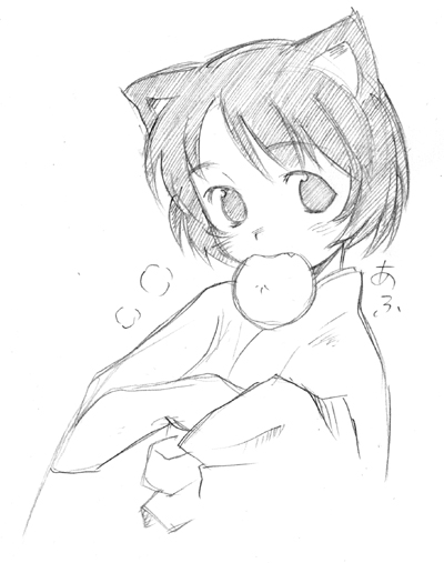 1girl, animal_ears, baozi, cat_ears, eating, fang, food, graphite_(medium)