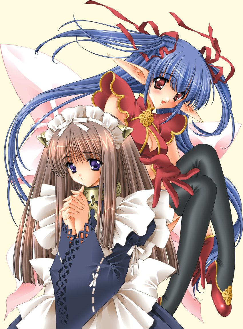 2girls, :d, :o, absurdres, apron, bangs, black_legwear, blue_hair