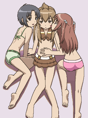 3girls, ahoge, aliasing, awa, barefoot, bikini, blush, feet