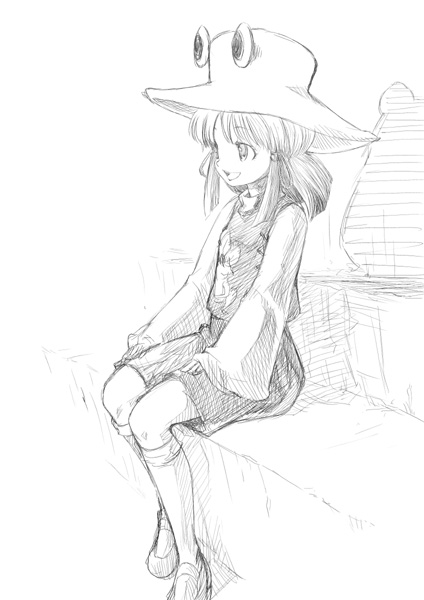 1girl, female, hair_ribbon, hat, kiriu, kneehighs, monochrome, moriya_suwako