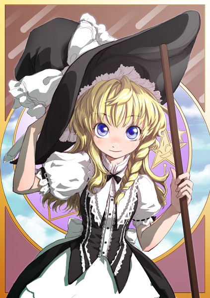 1girl, adjusting_clothes, adjusting_hat, apron, black_dress, blonde_hair, blue_eyes, border