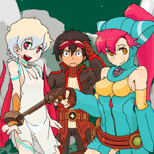 1boy, 2girls, breath_of_fire, breath_of_fire_v, crossover, look-alike, lowres, multiple_girls