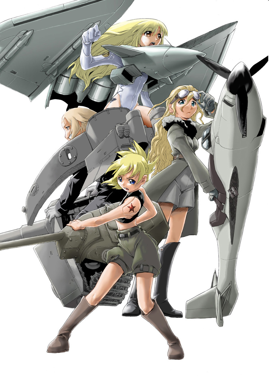 4girls, aircraft, airplane, blonde_hair, boots, caterpillar_tracks, ef_typhoon, goggles, ground_vehicle, highres, jet, junkers_ju_87, long_hair, mecha_musume, mikuni_aoi, military, military_vehicle, motor_vehicle, multiple_girls, original, russia, simple_background, t-34, tank, tiger_(tank), vehicle
