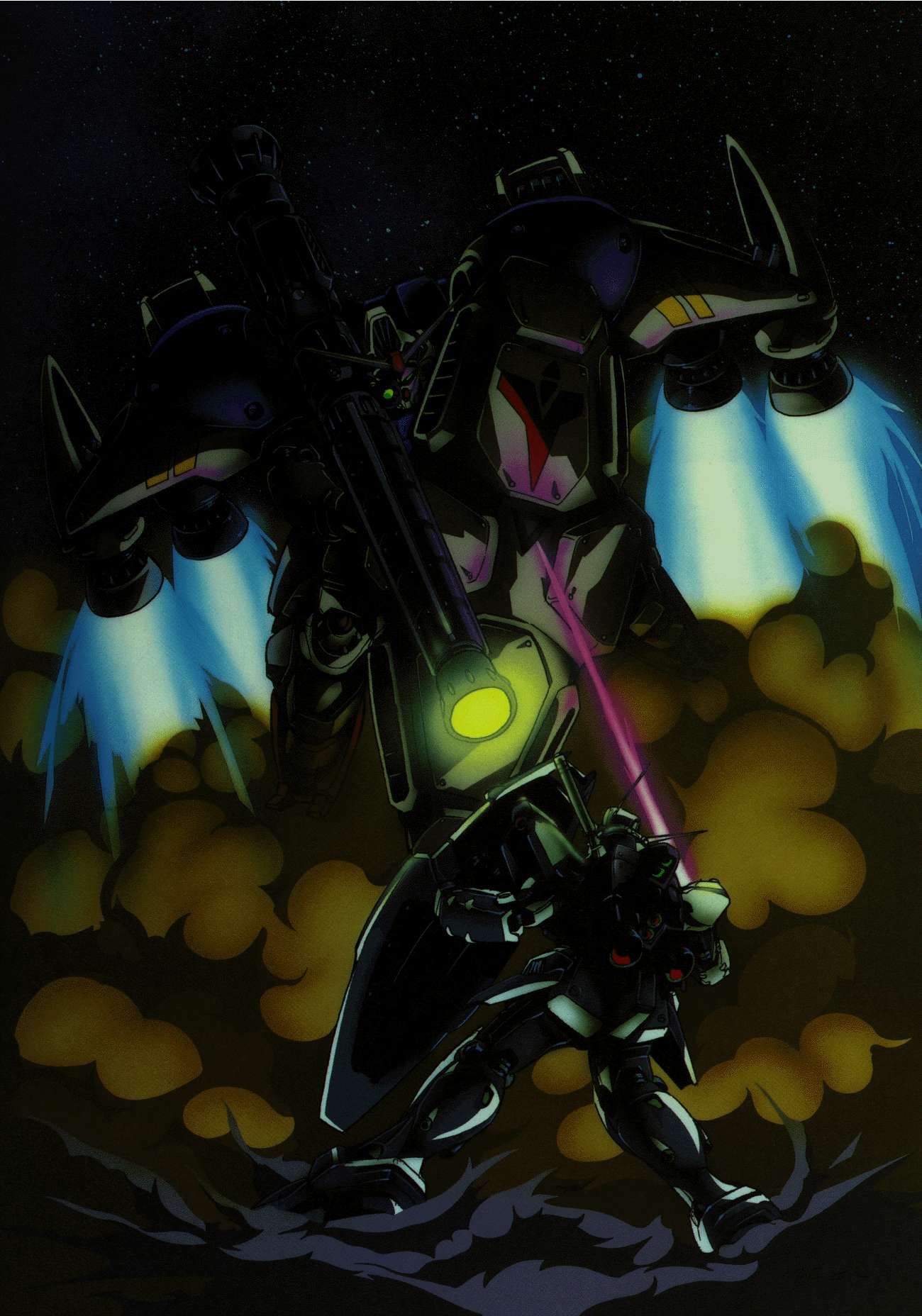 90s, bazooka, dust, energy_sword, gundam, gundam_0083, gundam_gp-01_zephyranthes, gundam_gp-02_physalis