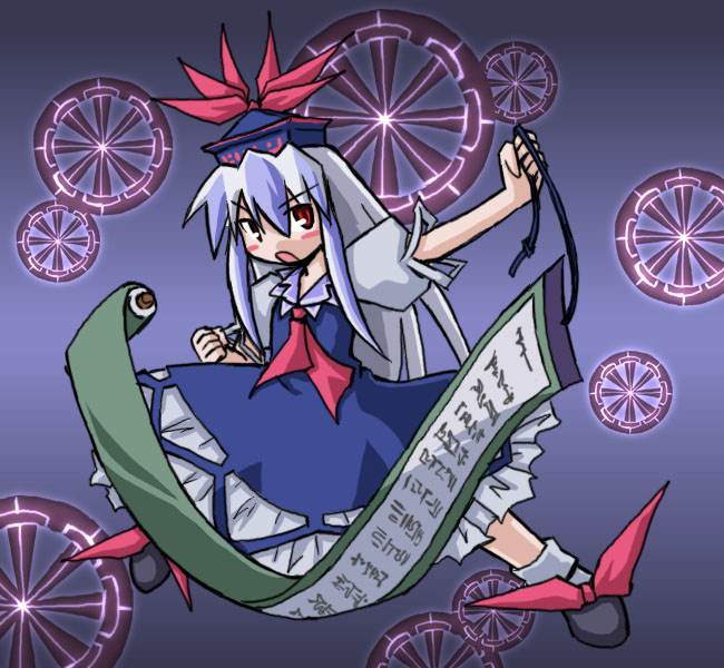 1girl, black_shoes, blue_hair, blush_stickers, clenched_hand, female, frilled_skirt, frills, full_body, hat, kamishirasawa_keine, kugelschreiber, kuugerushureibaa, long_hair, looking_at_viewer, multicolored_hair, open_mouth, outstretched_arm, puffy_short_sleeves, puffy_sleeves, red_eyes, scroll, shoes, short_sleeves, simple_background, skirt, socks, solo, standing, touhou, white_hair, white_legwear