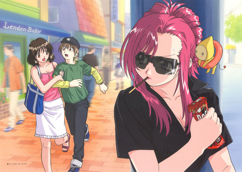 00s, 1boy, 2girls, angry, arm_grab, chocolate, glasses, gouda_hiroaki