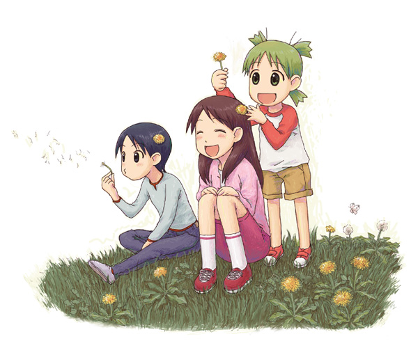3girls, ayase_ena, child, closed_eyes, dandelion, emoncake., flower, green_hair