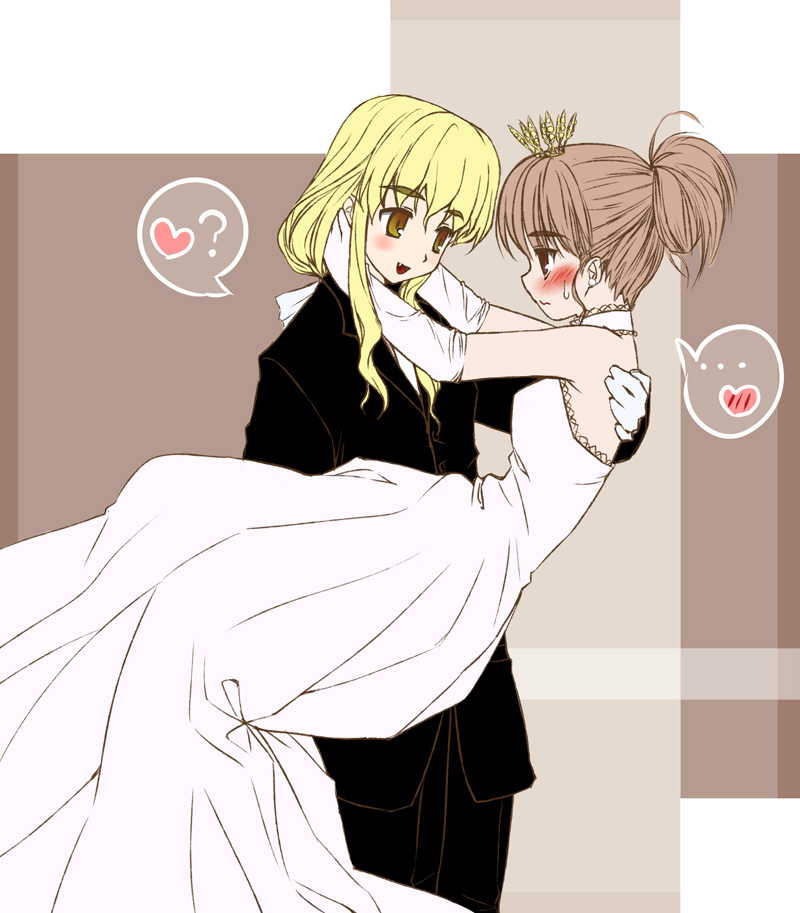 2girls, blush, bride, carrying, dress, female, formal, ghostly_field_club, gloves, maribel_hearn, multiple_girls, pant_suit, princess_carry, suit, touhou, usami_renko, wedding, wedding_dress, yu-ki, yuri, yuuki_(snowhouse)