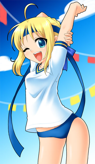 blonde_hair, buruma, fate/stay_night, fate_(series), gym_uniform, manji_taba, saber, stretch, wink