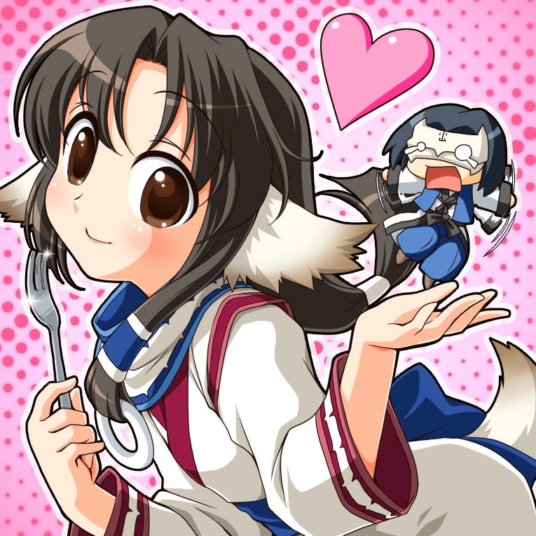 +utawareru_mono_radio, animal_ears, bad_id, dog_ears, eruruw, fork, hakuoro, japanese_clothes
