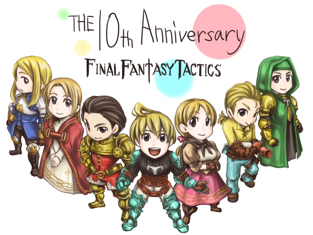3boys, 4girls, agrias_oaks, alma_beoulve, armor, blonde_hair, brown_hair, chibi, delita_heiral, final_fantasy, final_fantasy_tactics, gun, koume-i, meliadoul_tengille, multiple_boys, multiple_girls, mustadio_bunansa, ovelia_atkascha, ramza_beoulve, wallpaper, weapon