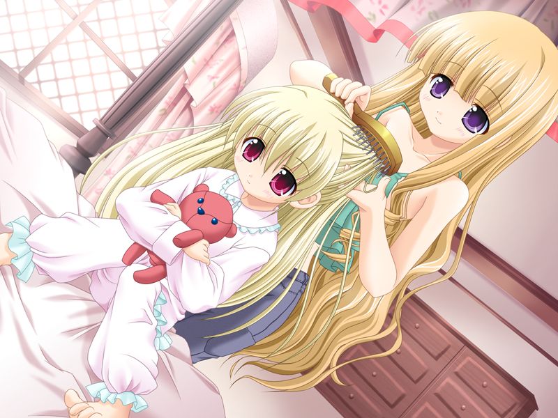 2girls, blonde_hair, feet, friends_(game), game_cg, hair_brush, hair_brushing, jpeg_artifacts