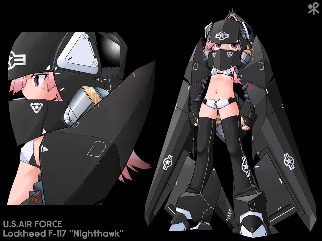 1girl, airplane, f-117, jet, mask, mecha_musume, military, multiple_views