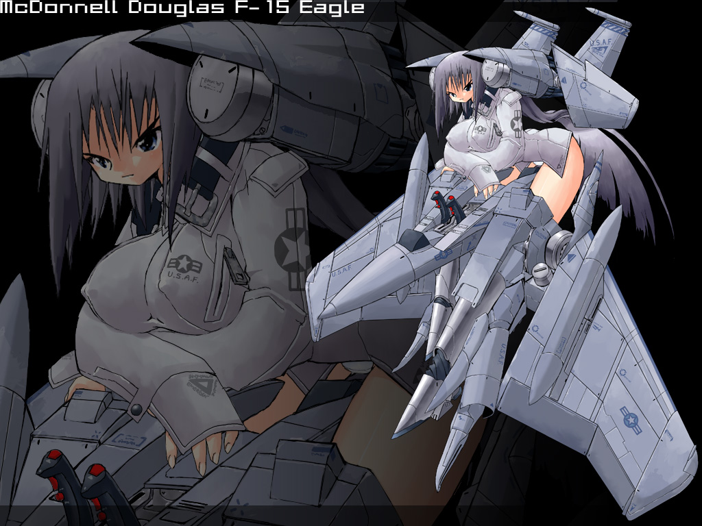 1girl, aircraft, airplane, bangs, breasts, f-15, frown, jet
