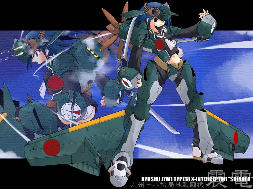 1girl, airplane, blue_hair, j7w1, mecha_musume, military, multiple_views, original