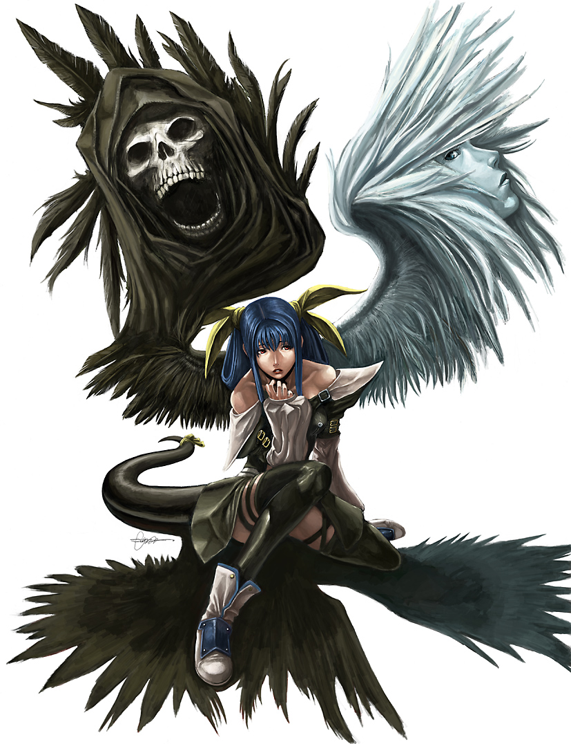 1girl, arc_system_works, asymmetrical_wings, blue_hair, boots, dizzy, guilty_gear, guilty_gear_x