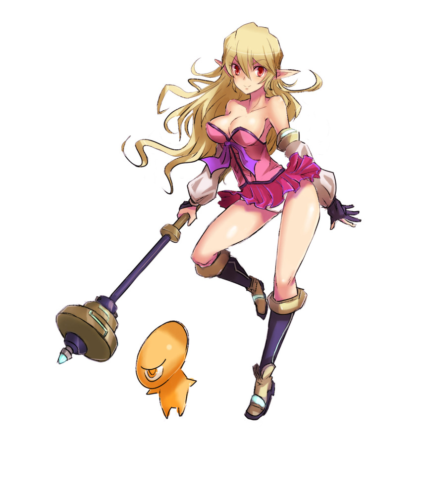 1girl, blonde_hair, breasts, cleavage, detached_sleeves, esper_(saga_2), highres, kara_(color), large_breasts, long_hair, panties, pantyshot, pointy_ears, red_eyes, saga, saga_2, saga_frontier_2, skirt, smile, solo, staff, teacher_(saga_2), underwear