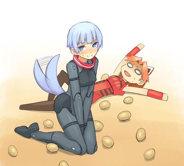 blue_eyes, blue_hair, blush, busou_shinki, doll_joints, fubuki_(busou_shinki), kneeling, lying