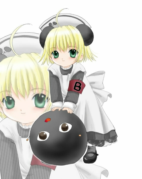 1girl, apron, armband, blonde_hair, di_gi_charat, dress, green_eyes, hat