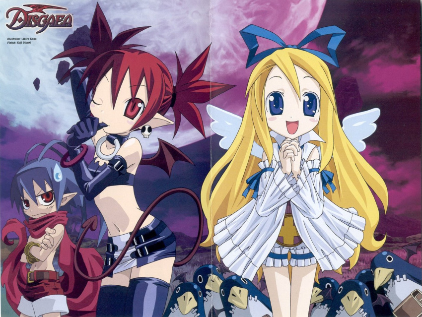 1boy, 2girls, bracelet, disgaea, earrings, elbow_gloves, etna, flat_chest