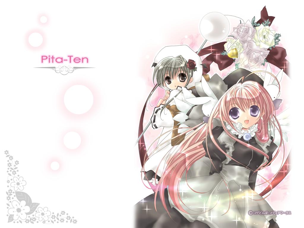 2girls, :d, apron, black_eyes, black_hair, breasts, bunny_hair_ornament, copyright_name