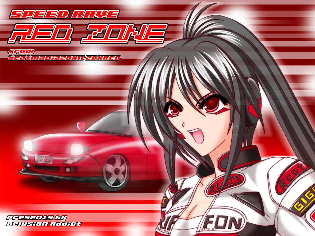 1girl, beatmania, biker_clothes, bikesuit, black_hair, breasts, car, cleavage