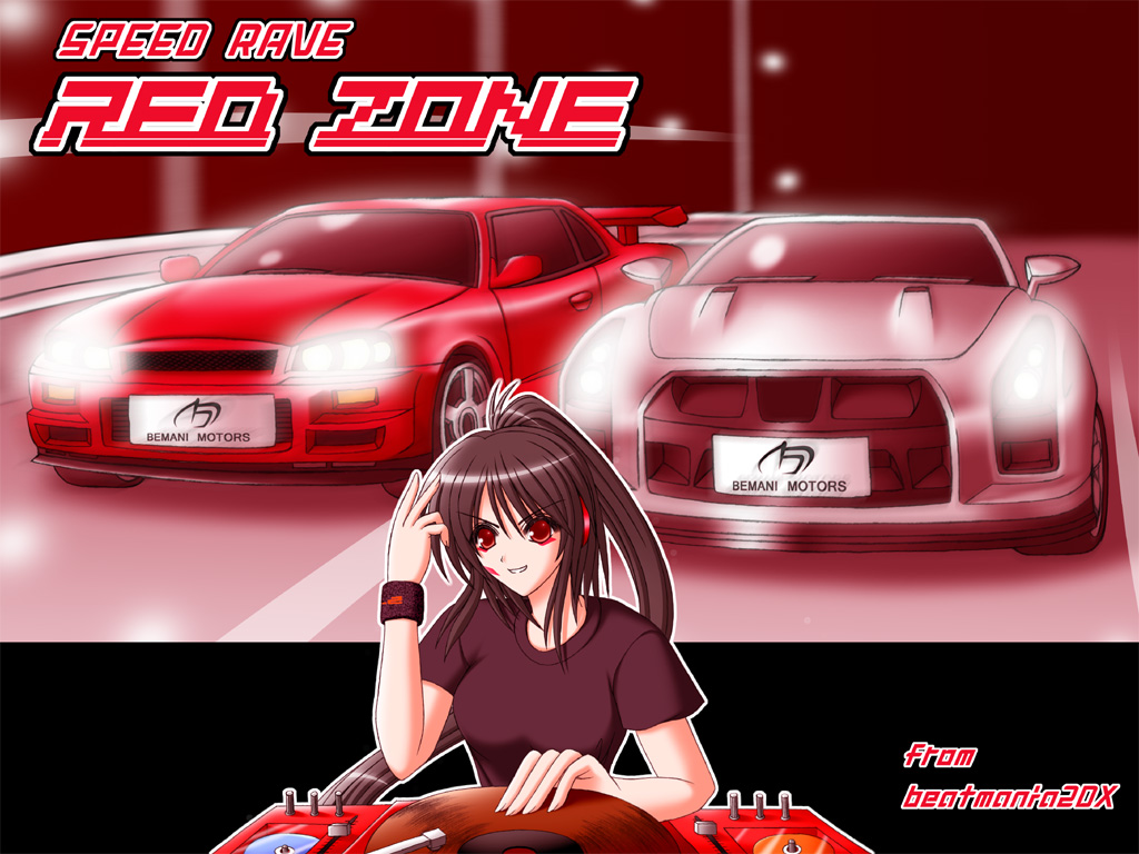1girl, beatmania, beatmania_iidx, bemani, black_hair, car, dj, dj_sakura, ground_vehicle, motor_vehicle, phonograph, ponytail, red_eyes, smile, solo, turntable, vehicle