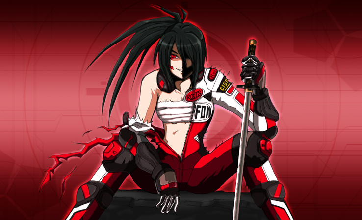 beatmania, biker_clothes, bikesuit, black_hair, dj_sakura, red_eyes, sword, torn_clothes