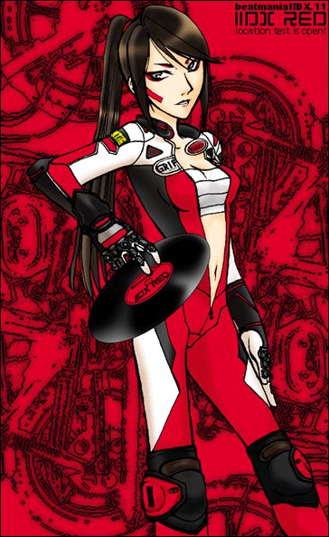 1girl, beatmania, biker_clothes, bikesuit, black_hair, dj_sakura, red_eyes, solo