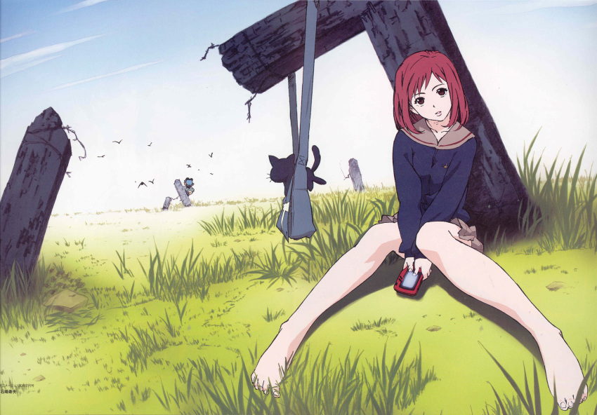 00s, 1girl, bag, barefoot, bird, brown_eyes, canti, cat