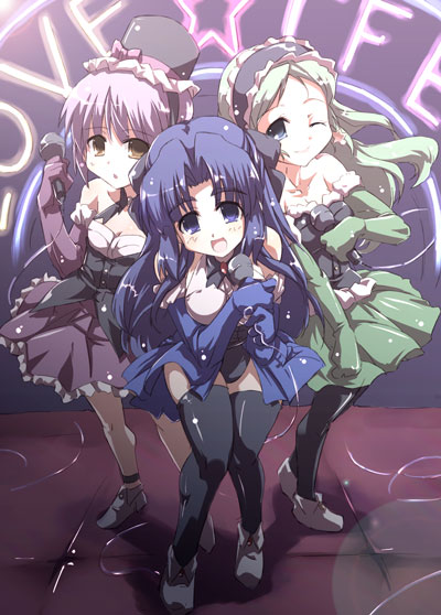 3girls, asakura_ryouko, kimidori_emiri, microphone, multiple_girls, music, nagato_yuki, one_eye_closed