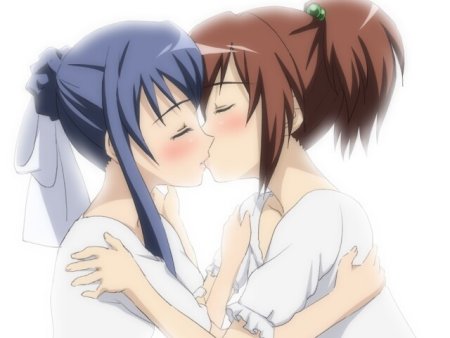 2girls, aoi_nagisa, blush, couple, kiss, lowres, multiple_girls, sanshita