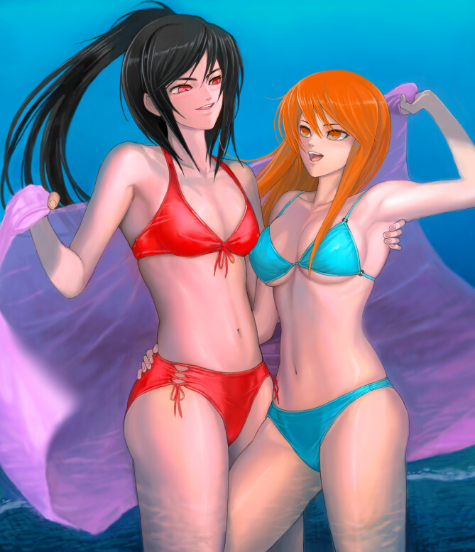 2girls, beatmania, bikini, black_hair, dj_sakura, multiple_girls, red_eyes, redhead
