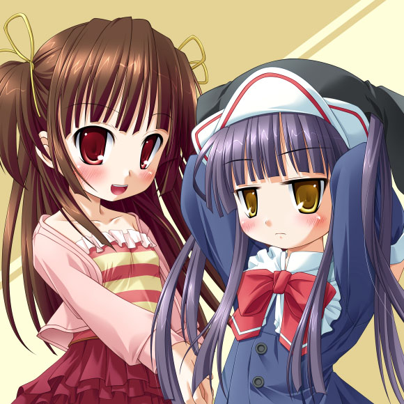 blush, brown_hair, hat, long_hair, natsuhime_yuran, red_eyes, ribbon, yellow_eyes