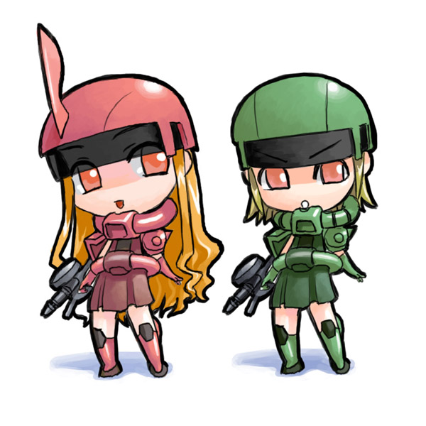 2girls, blonde_hair, chibi, ekkusu_kyuuzu, gun, gundam, long_hair, machine_gun, mecha_musume, mobile_suit_gundam, multiple_girls, personification, short_hair, weapon, zaku, zaku_ii, zaku_ii_f, zaku_ii_f/j, zaku_ii_s_char_custom