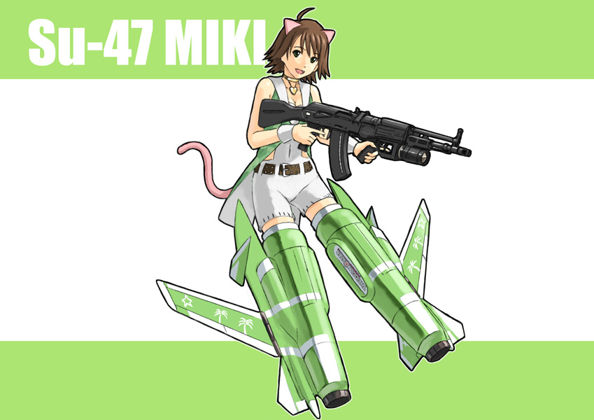 ahoge, airplane, ak-107, animal_ears, assault_rifle, awakened_miki, belt, choker, cool_&amp;_sexy_(idolmaster), crossover, ganzyu_i, gun, hoshii_miki, idolmaster, kalashnikov, mecha_musume, parody, rifle, solo, strike_witches, striker_unit, su-47_berkut, tail, weapon