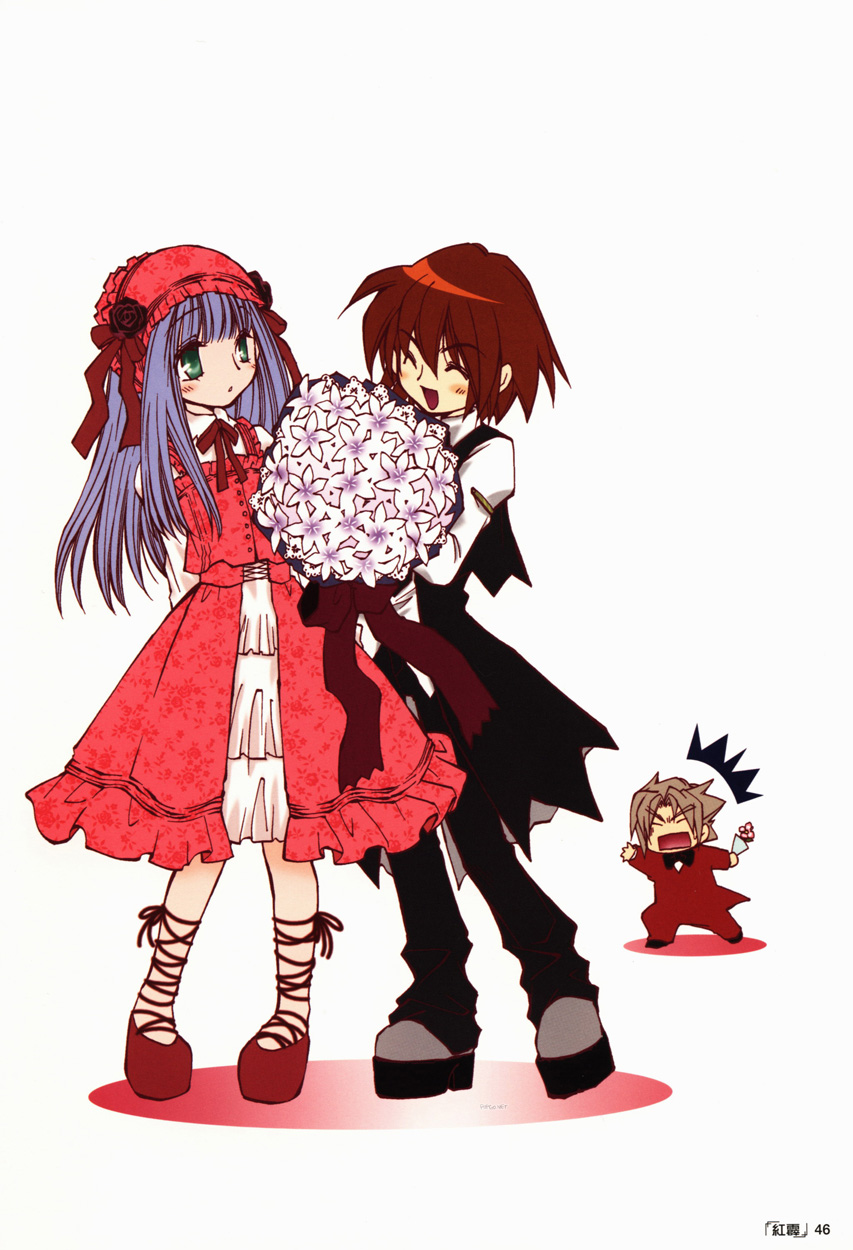 1boy, 2girls, :d, ^_^, ^o^, blush, bouquet, brown_hair