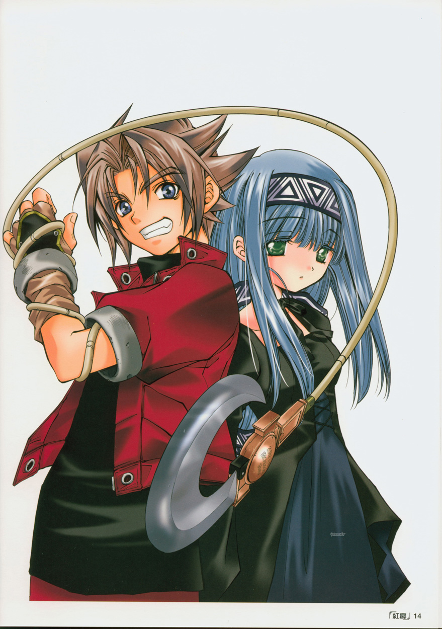 1boy, 1girl, :d, azuma_mayumi, bangs, black_gloves, blue_hair, blunt_bangs