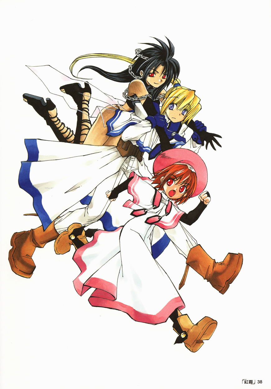 1boy, 2girls, ankle_boots, azuma_mayumi, black_hair, blonde_hair, blue_eyes, boots