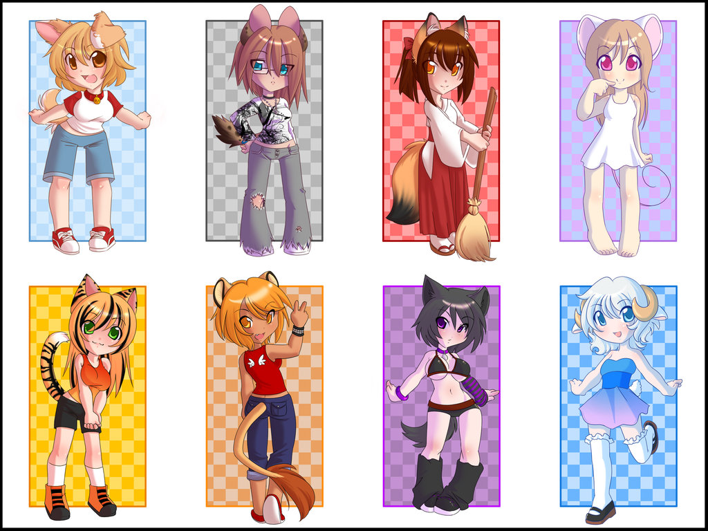 6+girls, animal_ears, broom, cat_ears, cat_tail, denim, dog_ears, dog_tail, fox_ears, fox_tail, japanese_clothes, jeans, long_hair, miko, mouse_ears, mouse_tail, multiple_girls, original, pants, red_hakama, short_hair, shorts, spazzykoneko, tail, tiger_ears, tiger_tail, torn_clothes