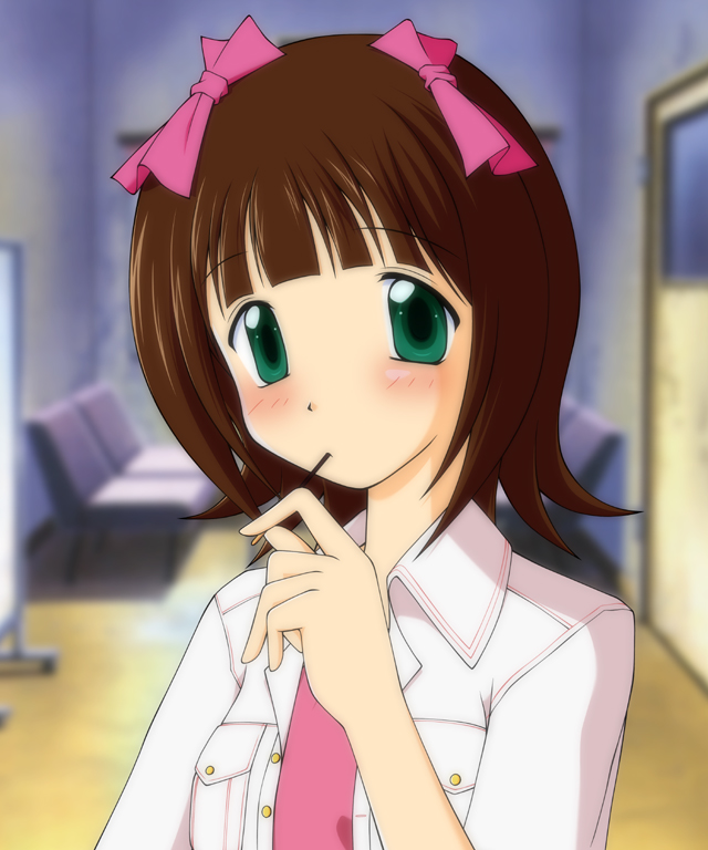 1girl, amami_haruka, blush, brown_hair, chair, collar, door, eating