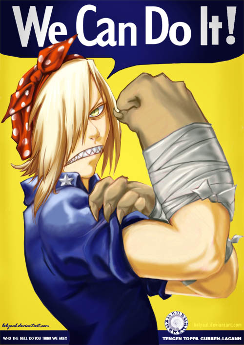 1boy, america, bandanna, blonde_hair, bras_d'honneur, hair_over_one_eye, hand_on_own_arm, male_focus, noijitatan_monkeybird, parody, poster, propaganda, rosie_the_riveter, sharp_teeth, short_hair, solo, teeth, tengen_toppa_gurren_lagann, viral, we_can_do_it!, yellow_eyes
