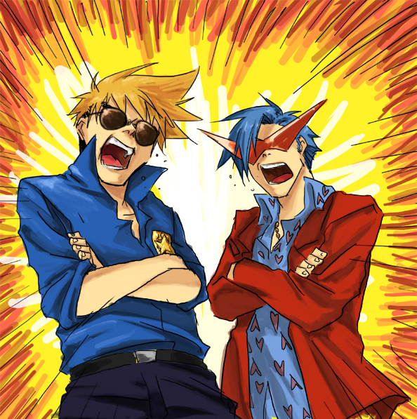 2boys, crossed_arms, double_k, garhalla_vice, kamina, kamina_shades, kittan, male_focus