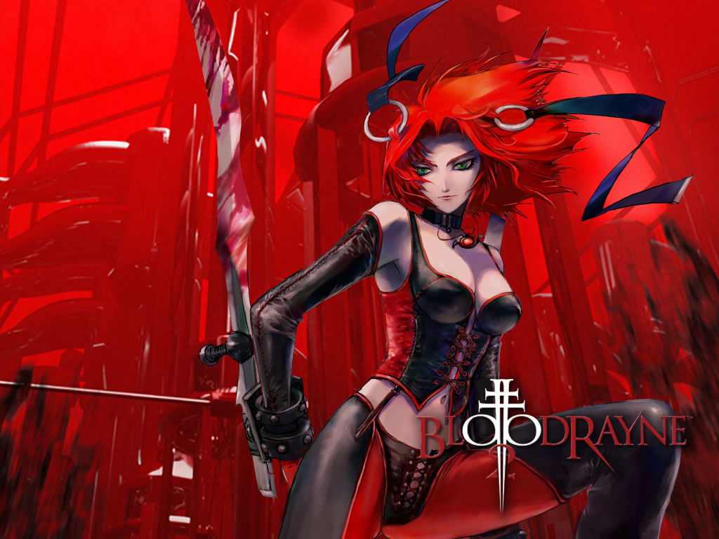 1girl, blood, bloodrayne, bloodrayne_(videogame), bow, breasts, choker, cleavage, collar, dhampir, elbow_gloves, gloves, green_eyes, jewelry, laceups, large_breasts, leather, leather_armor, lingerie, necklace, redhead, ribbon, solo, thigh-highs, underwear