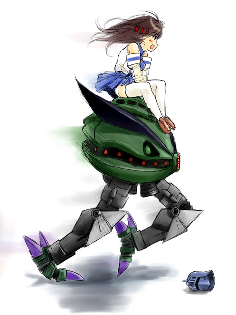big_zam, blue_eyes, blush, brown_hair, crossover, gundam, kinnikuman, mecha