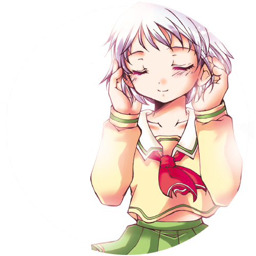 1girl, blush, closed_eyes, closed_mouth, colored_eyelashes, green_skirt, lowres, necktie