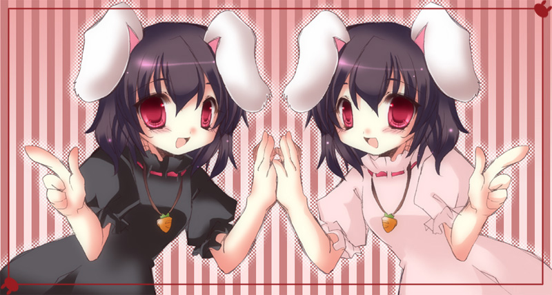 2girls, alternate_color, animal_ears, blush, brown_hair, carrot, dress, dual_persona