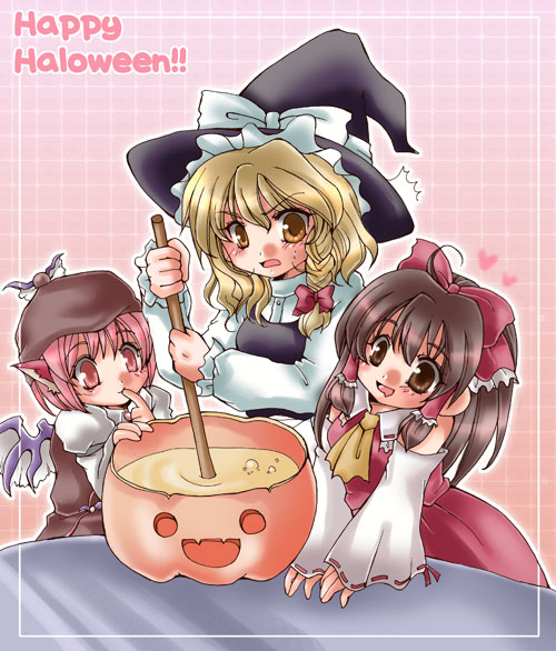 3girls, blonde_hair, cooking, female, hakurei_reimu, halloween, happy_halloween, hat